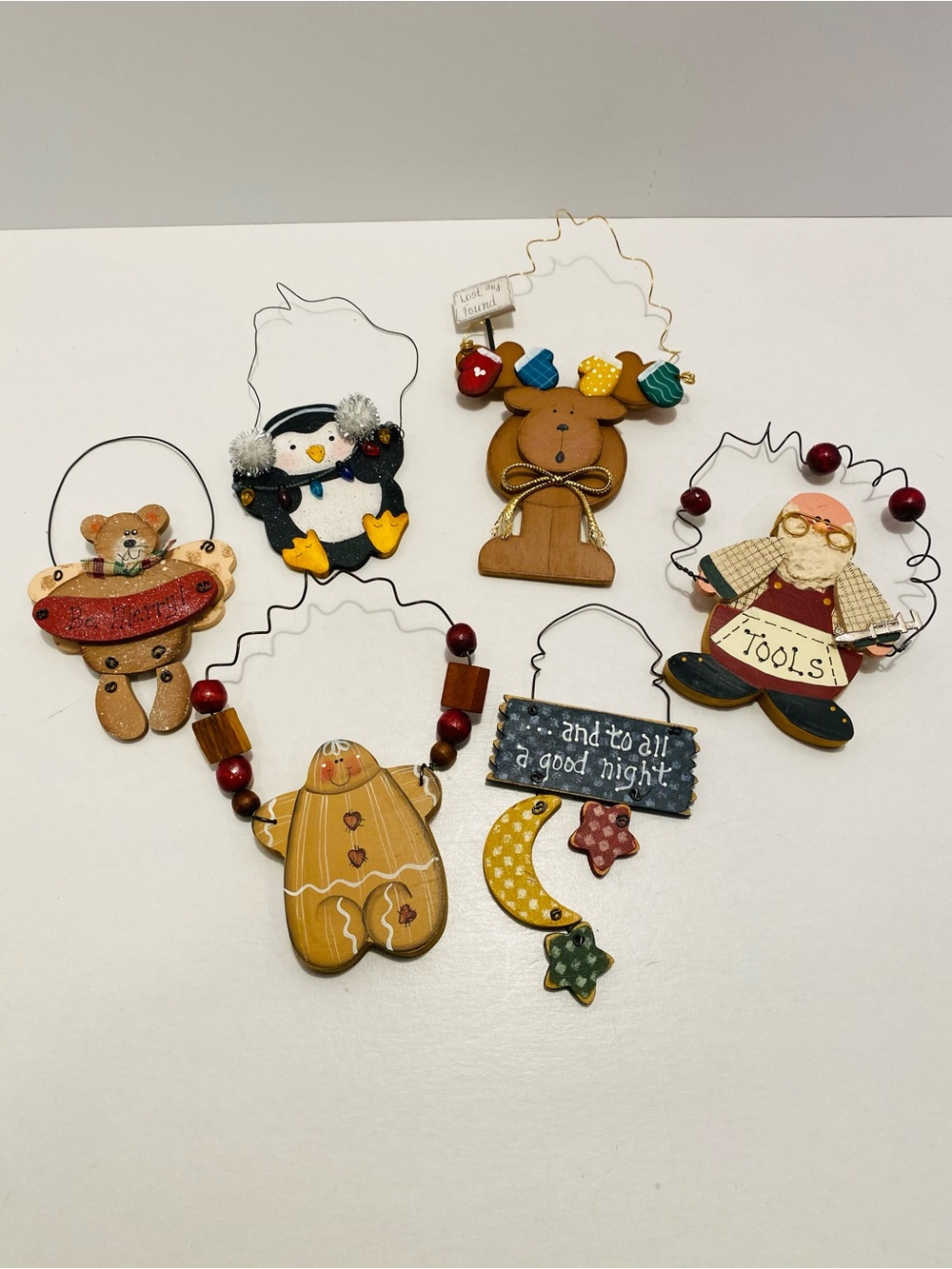 6 Holiday Decorative Wooden Ornaments -VINTAGE